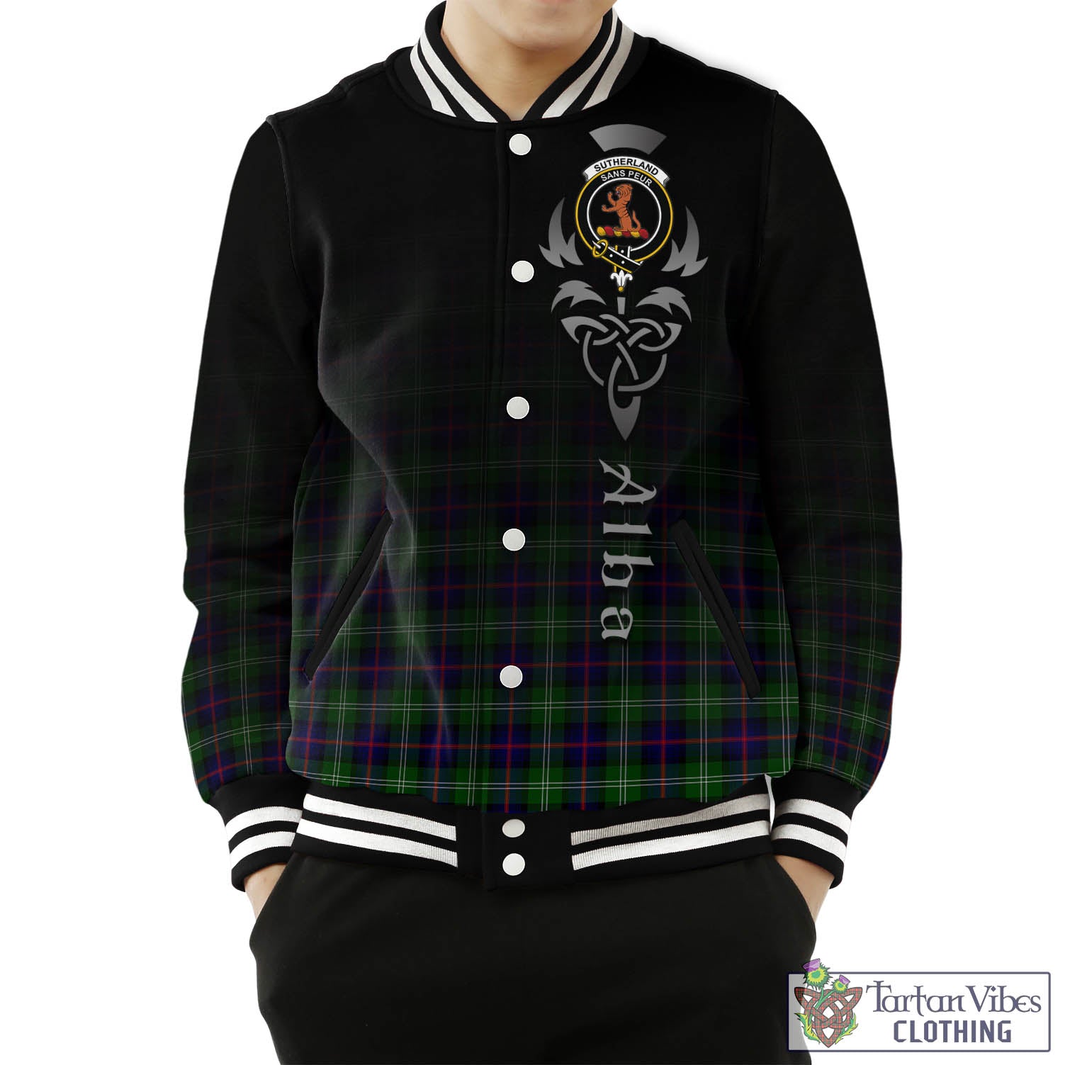 Sutherland Tartan Baseball Jacket Featuring Alba Gu Brath Family Crest Celtic Inspired Unisex - Tartan Vibes Clothing