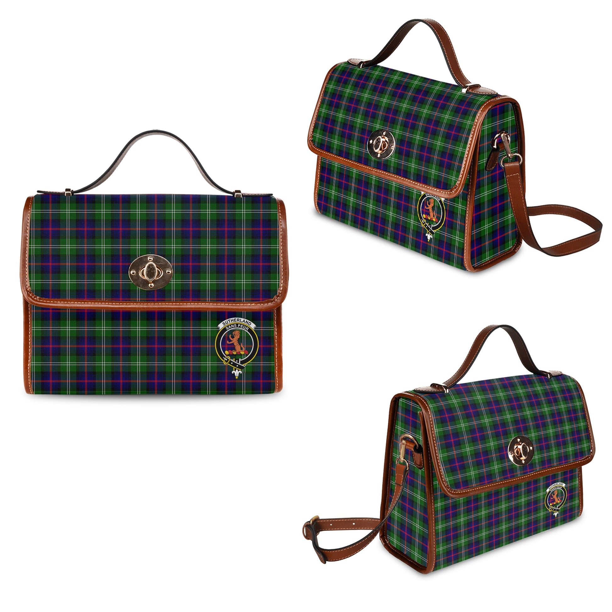 sutherland-modern-tartan-leather-strap-waterproof-canvas-bag-with-family-crest