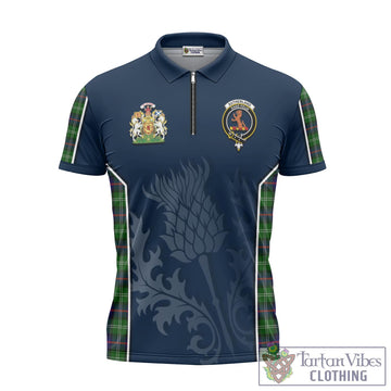 Tartan Vibes Clothing Sutherland Modern Tartan Zipper Polo Shirt with Family Crest and Scottish Thistle Vibes Sport Style