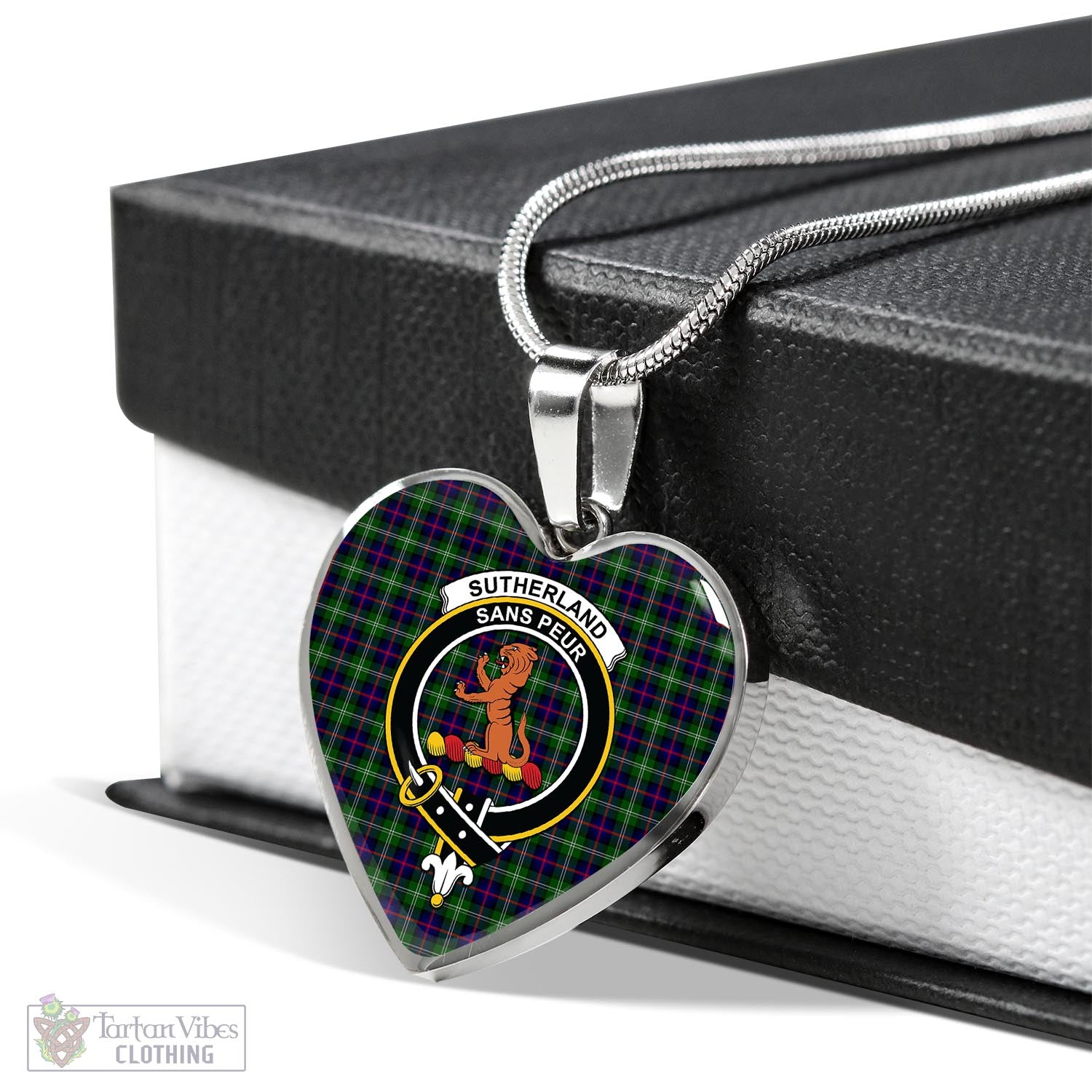 Tartan Vibes Clothing Sutherland Modern Tartan Heart Necklace with Family Crest
