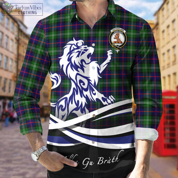 Sutherland Modern Tartan Long Sleeve Button Up Shirt with Alba Gu Brath Regal Lion Emblem