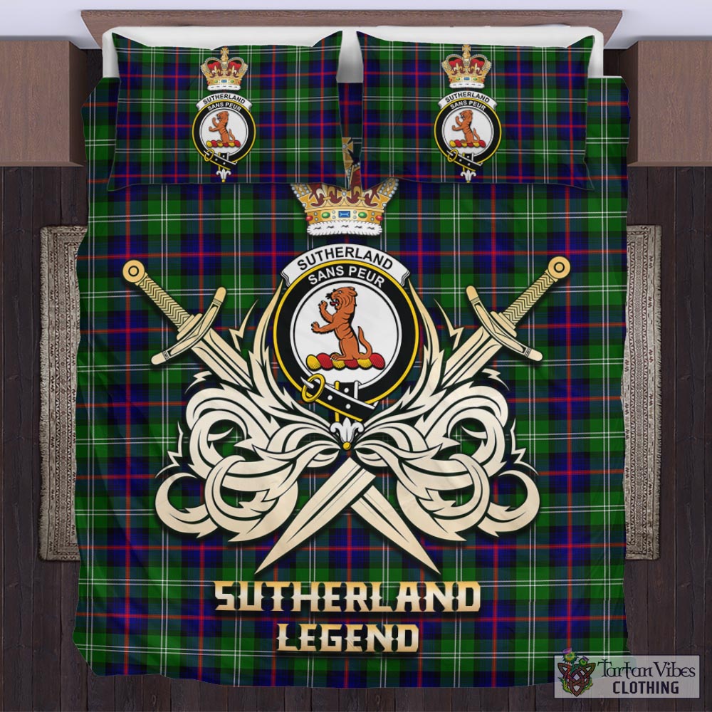 Tartan Vibes Clothing Sutherland Modern Tartan Bedding Set with Clan Crest and the Golden Sword of Courageous Legacy
