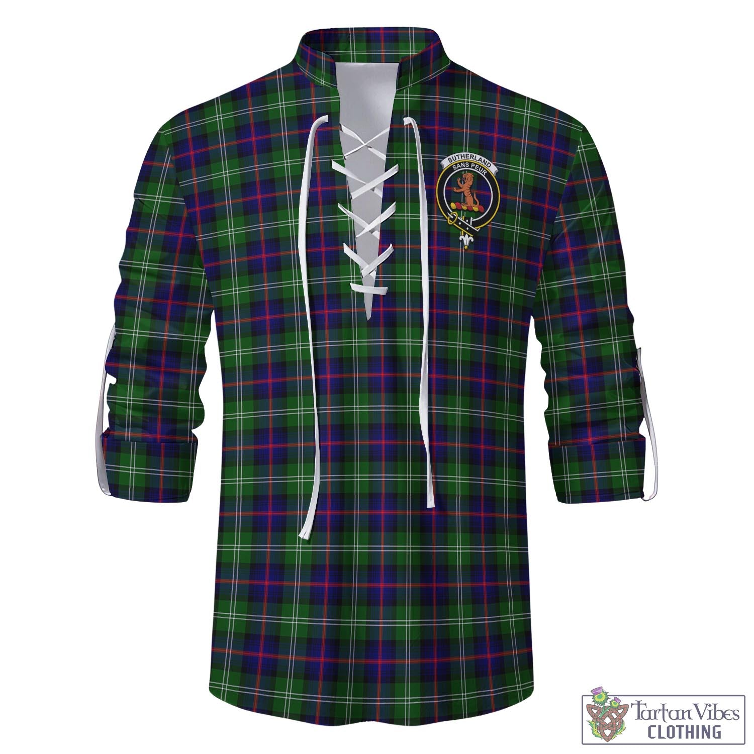 Tartan Vibes Clothing Sutherland Modern Tartan Men's Scottish Traditional Jacobite Ghillie Kilt Shirt with Family Crest