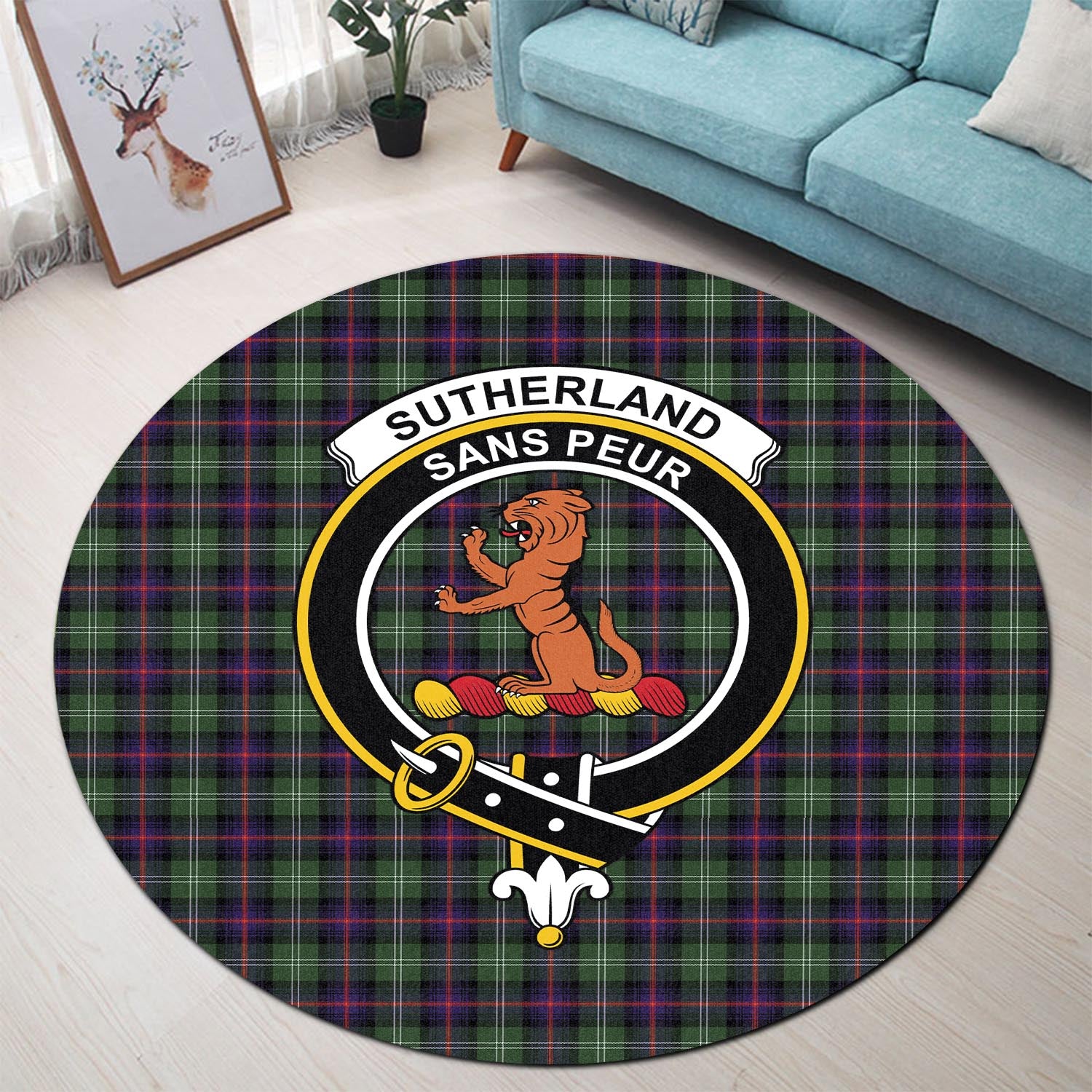sutherland-modern-tartan-round-rug-with-family-crest
