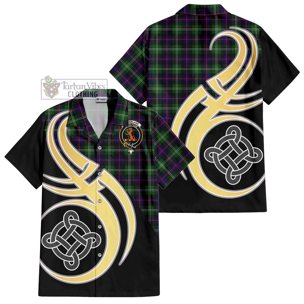Sutherland Tartan Short Sleeve Button Shirt with Family Crest and Celtic Symbol Style - Tartan Vibes Clothing