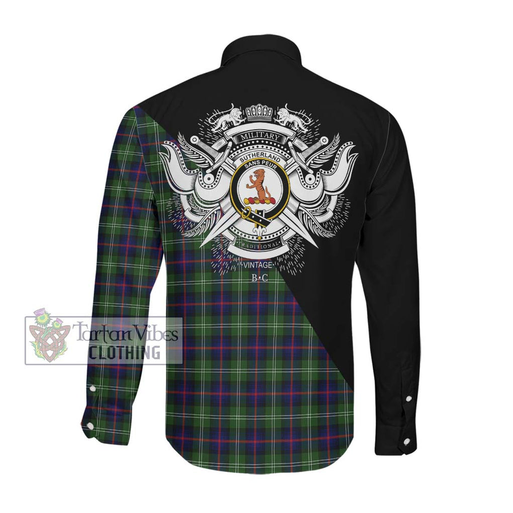 Sutherland Tartan Long Sleeve Button Shirt with Family Crest and Military Logo Style Men's Shirt - Tartanvibesclothing Shop