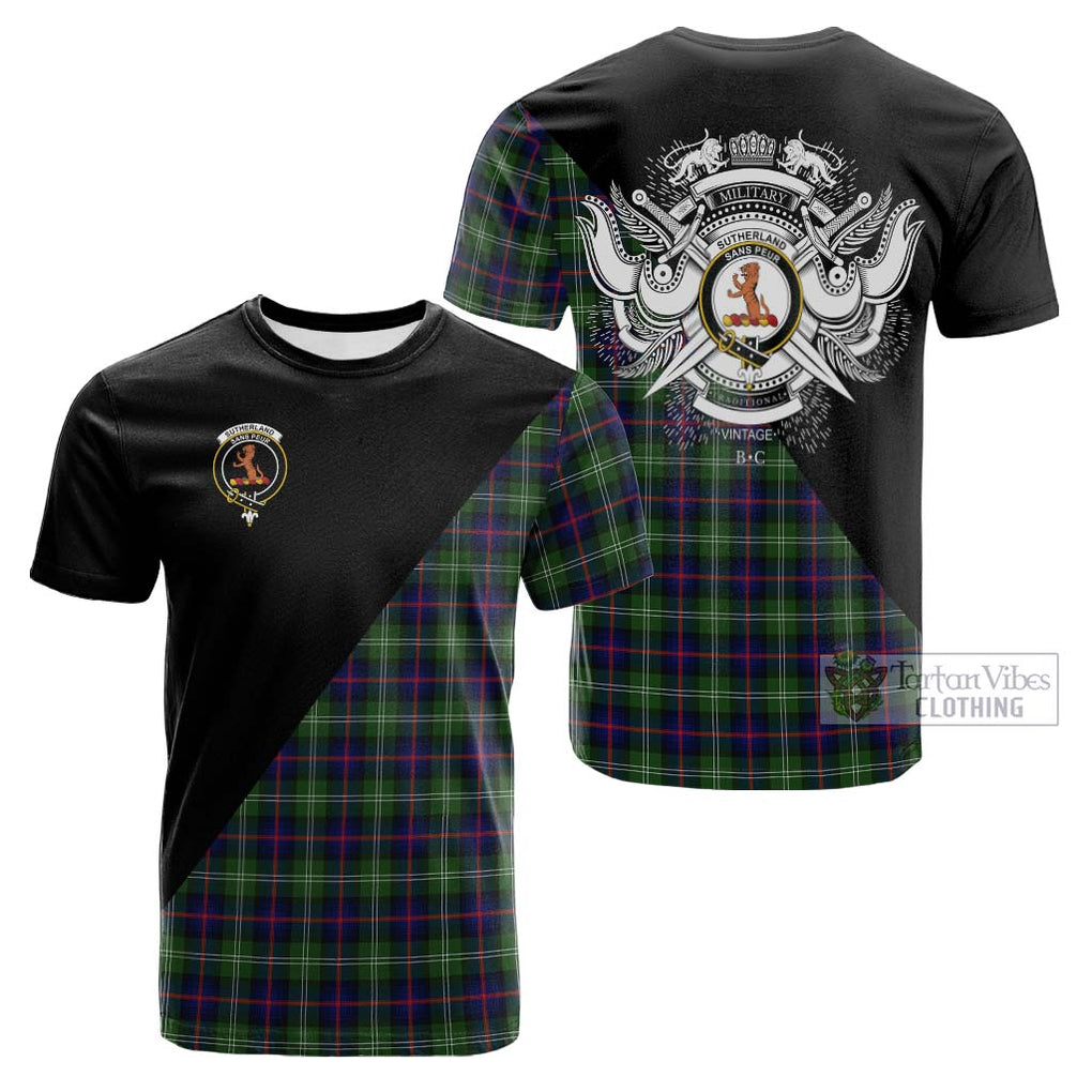 Tartan Vibes Clothing Sutherland Modern Tartan Cotton T-shirt with Family Crest and Military Logo Style
