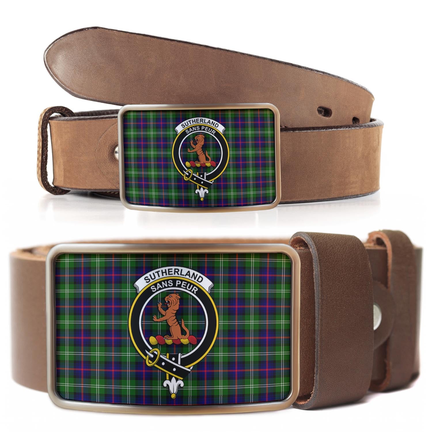 Sutherland Modern Tartan Belt Buckles with Family Crest - Tartanvibesclothing Shop