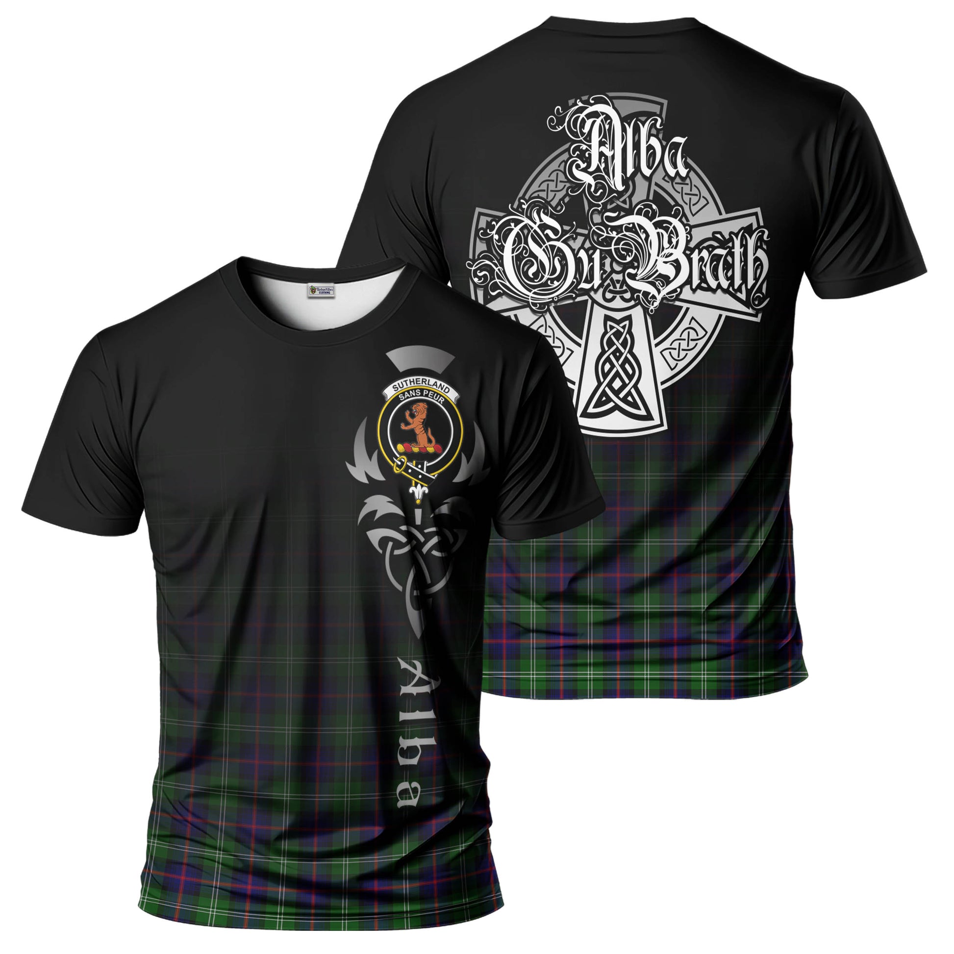 Tartan Vibes Clothing Sutherland Modern Tartan T-Shirt Featuring Alba Gu Brath Family Crest Celtic Inspired