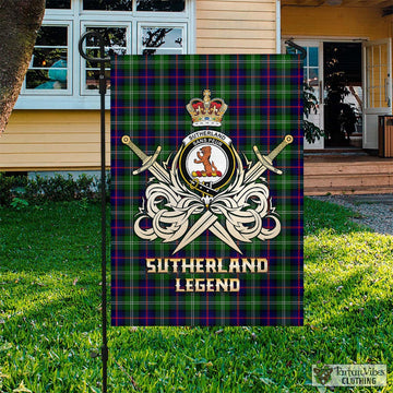 Sutherland Tartan Garden Flag with Clan Crest and the Golden Sword of Courageous Legacy