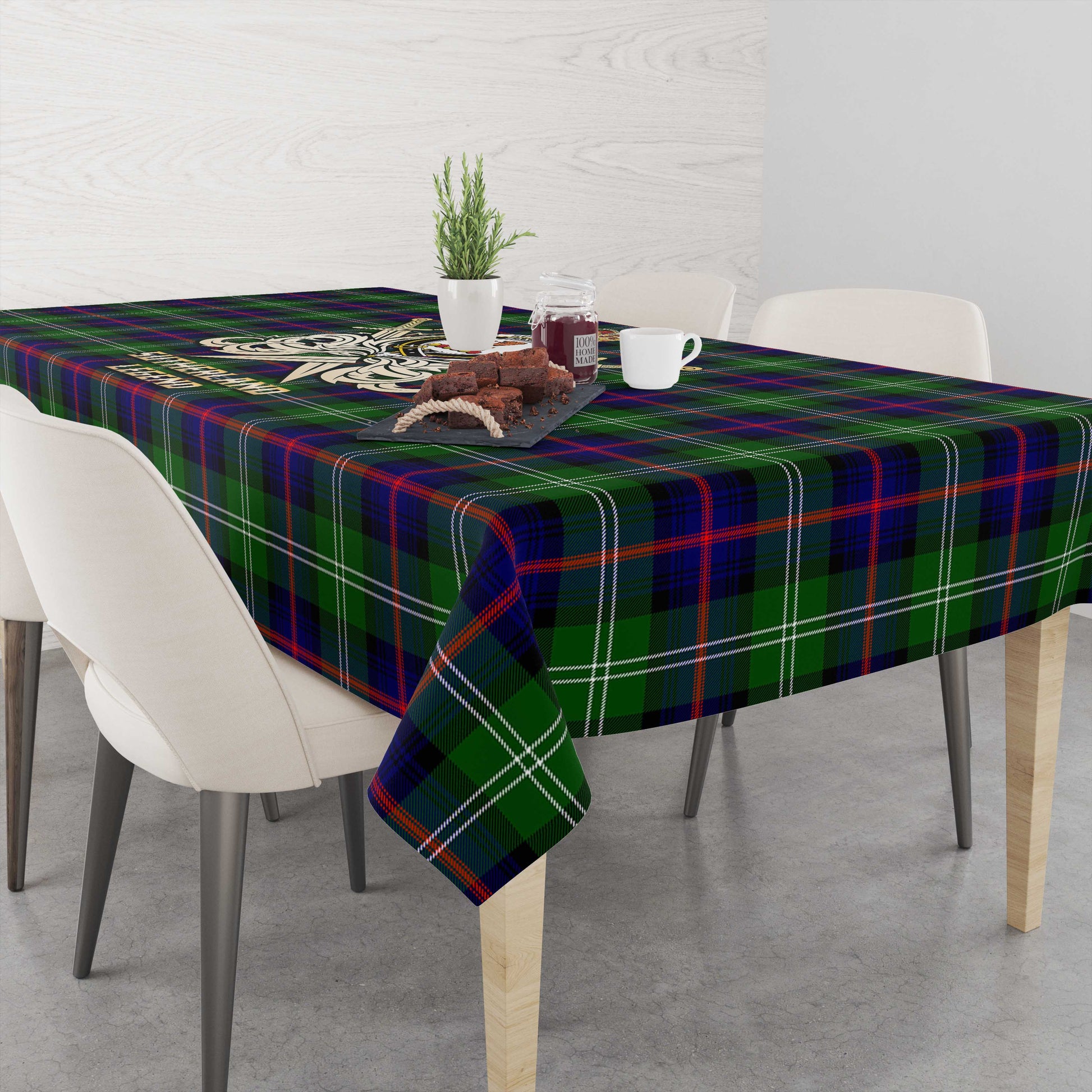 Tartan Vibes Clothing Sutherland Modern Tartan Tablecloth with Clan Crest and the Golden Sword of Courageous Legacy