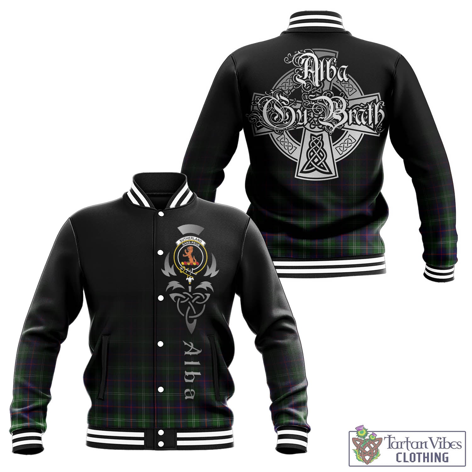 Sutherland Tartan Baseball Jacket Featuring Alba Gu Brath Family Crest Celtic Inspired - Tartan Vibes Clothing