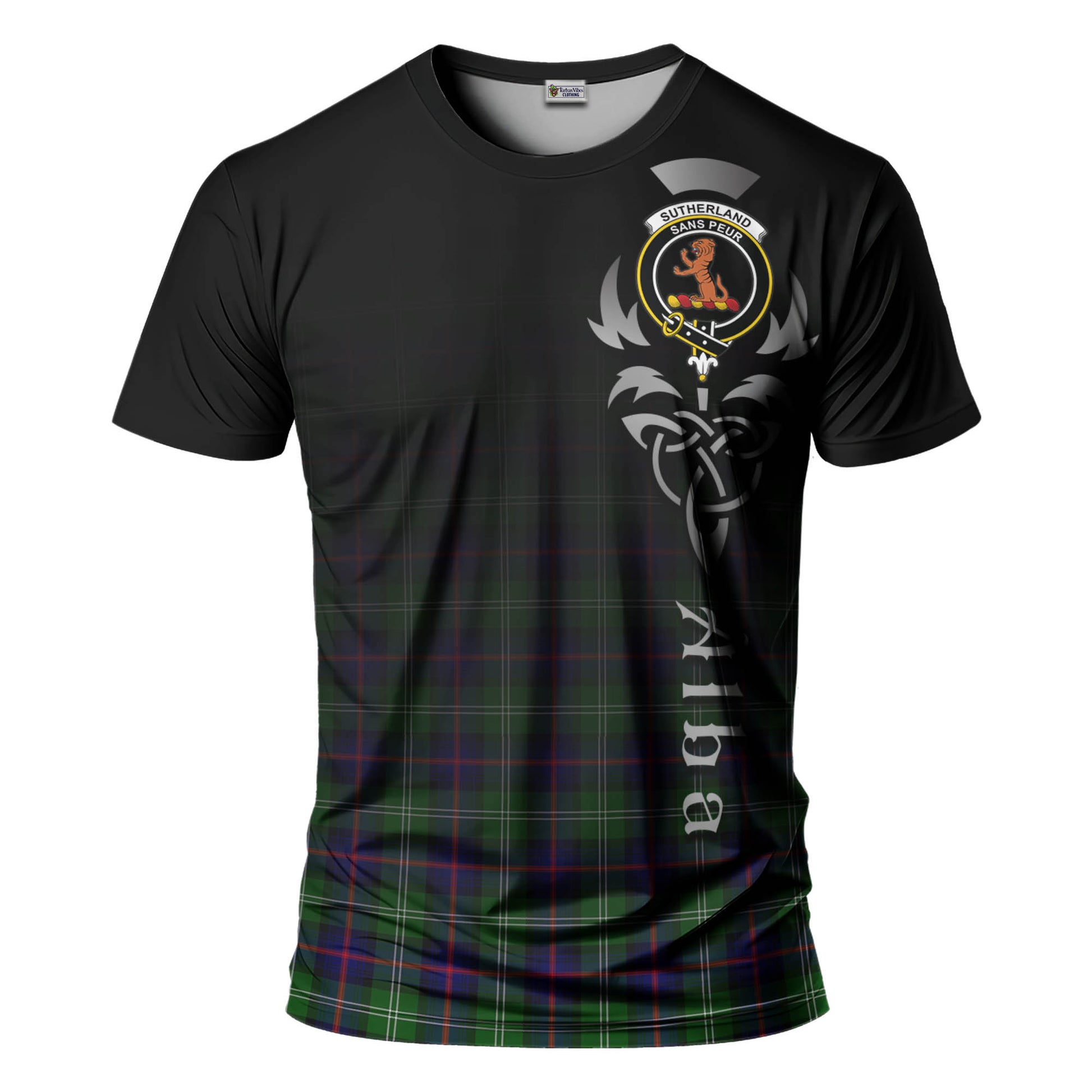 Tartan Vibes Clothing Sutherland Modern Tartan T-Shirt Featuring Alba Gu Brath Family Crest Celtic Inspired