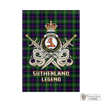 Sutherland Tartan Garden Flag with Clan Crest and the Golden Sword of Courageous Legacy