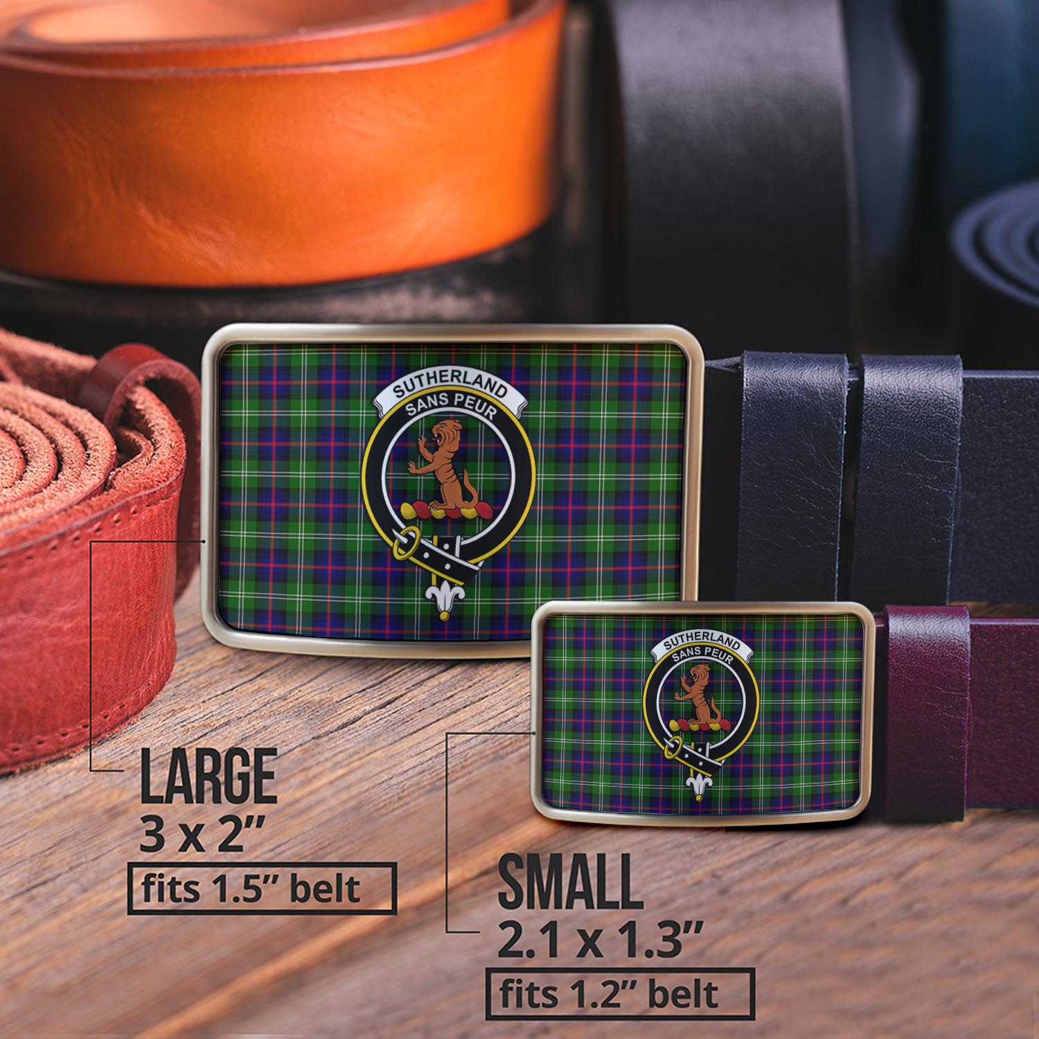 Sutherland Modern Tartan Belt Buckles with Family Crest - Tartanvibesclothing Shop