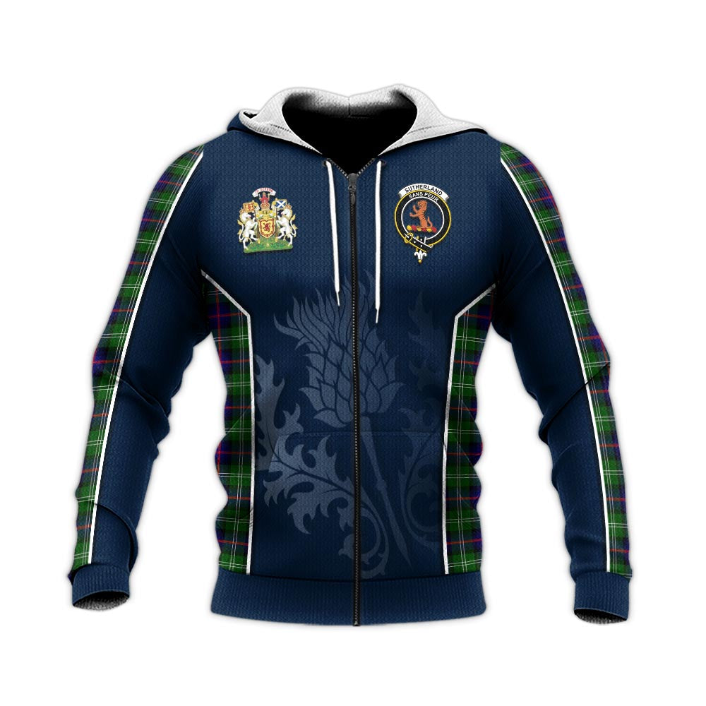 Tartan Vibes Clothing Sutherland Modern Tartan Knitted Hoodie with Family Crest and Scottish Thistle Vibes Sport Style