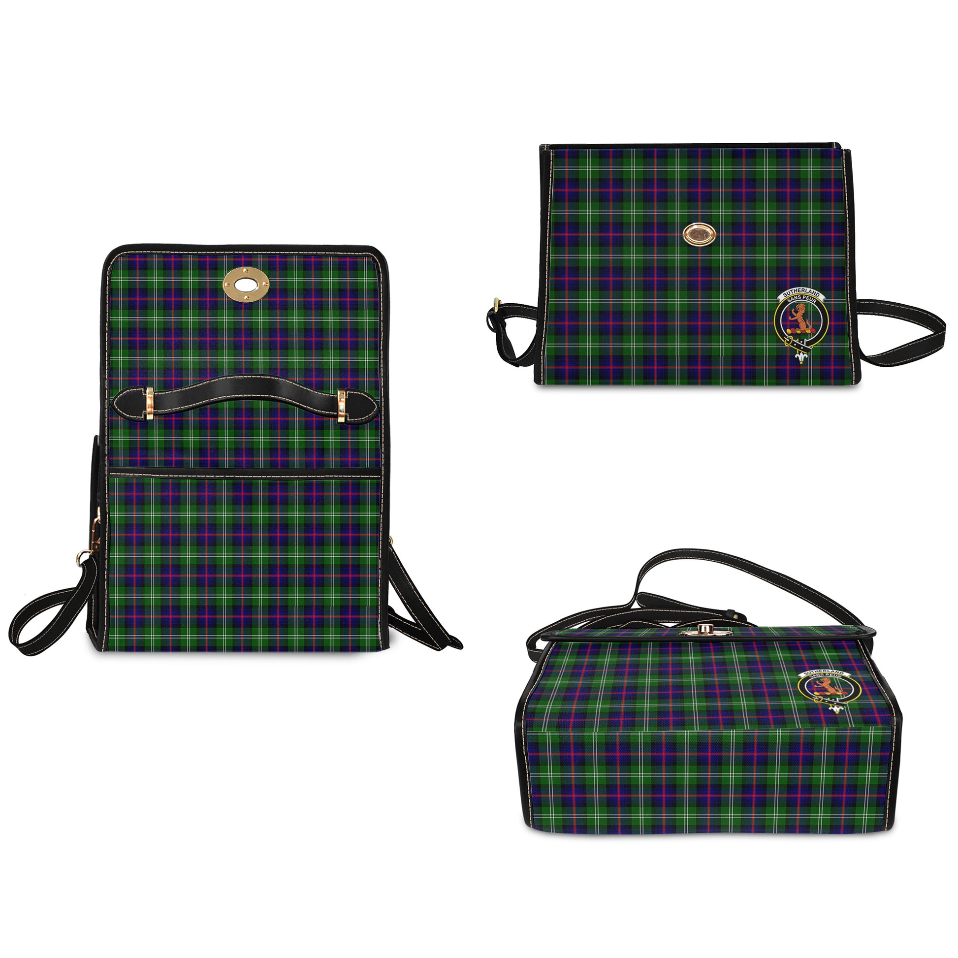 sutherland-modern-tartan-leather-strap-waterproof-canvas-bag-with-family-crest