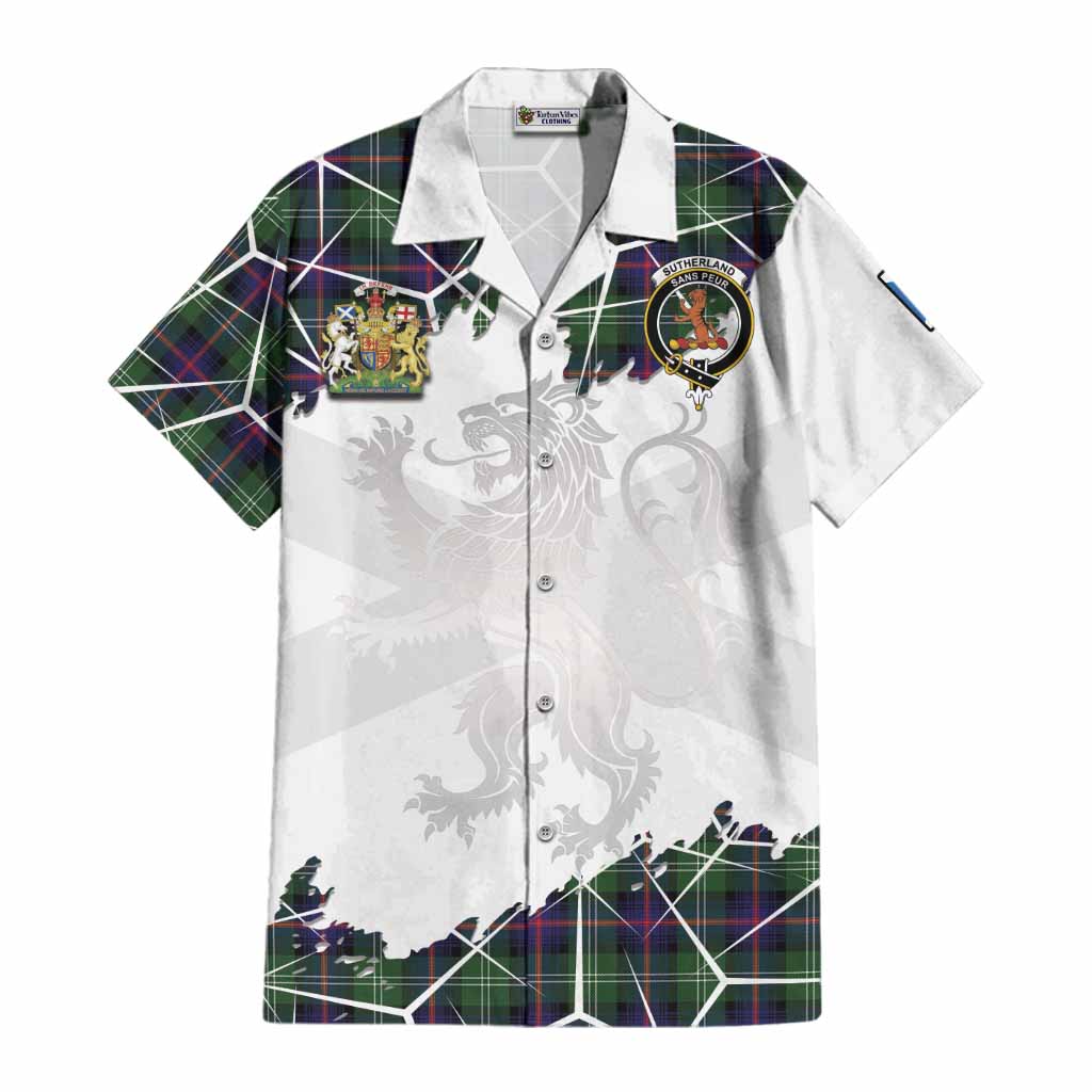 Sutherland Tartan Cotton Hawaiian Shirt with Family Crest and Lion Rampant Grunge Style
