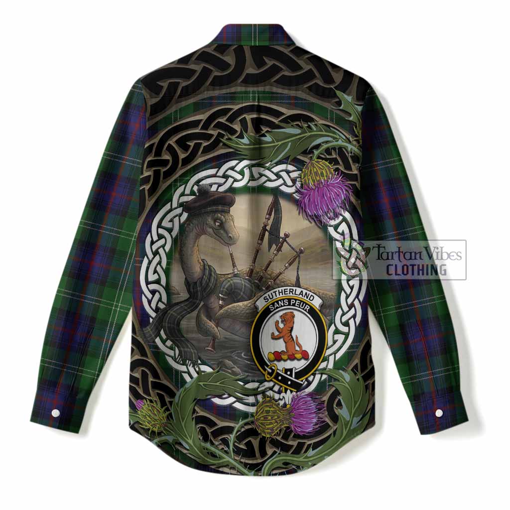 Sutherland Tartan Crest Bagpipe Nessie Women Casual Shirt Scottish Loch Ness Monster Celtic Thistle