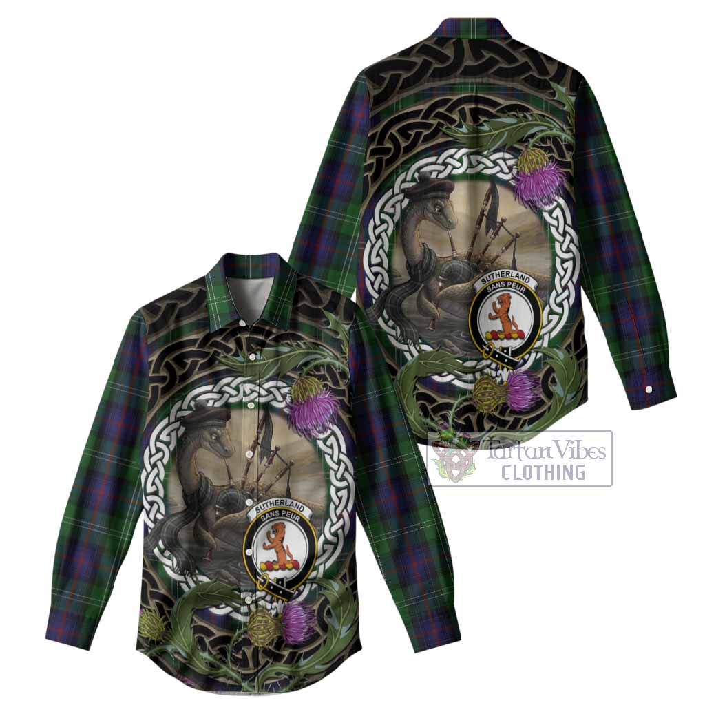 Sutherland Tartan Crest Bagpipe Nessie Women Casual Shirt Scottish Loch Ness Monster Celtic Thistle