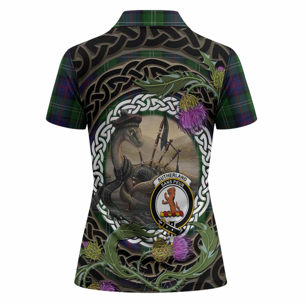 Sutherland Tartan Crest Bagpipe Nessie Women Polo Shirt Scottish Loch Ness Monster Celtic Thistle
