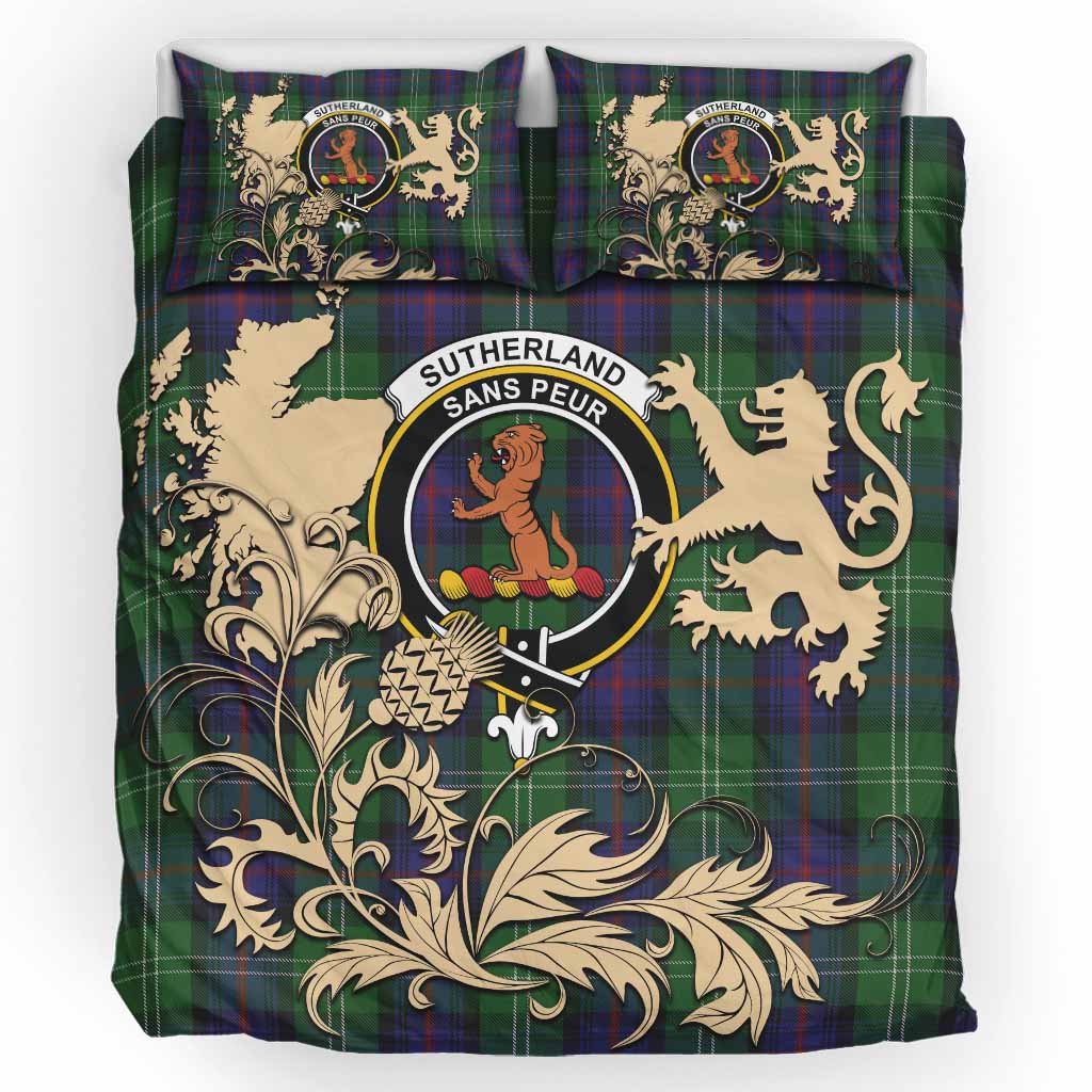 Sutherland Tartan Crest Bedding Set with Scottish Iconic Symbols 