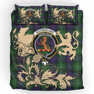 Sutherland Tartan Crest Bedding Set with Scottish Iconic Symbols 