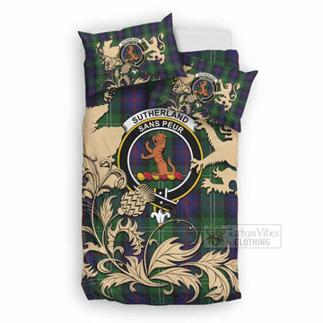 Sutherland Tartan Crest Bedding Set with Scottish Iconic Symbols 