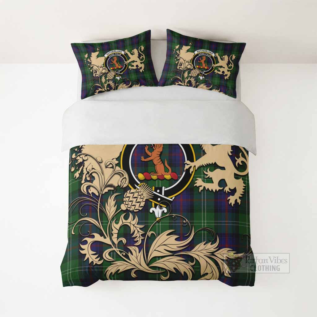 Sutherland Tartan Crest Bedding Set with Scottish Iconic Symbols 