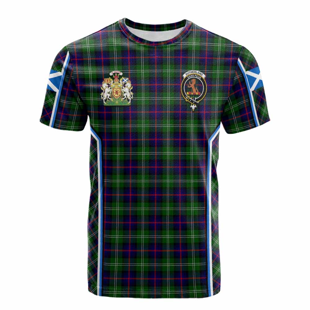Sutherland Tartan Crest Cotton T-shirt Scotland Coat of Arm Flag Style - Tartan Vibes Clothing