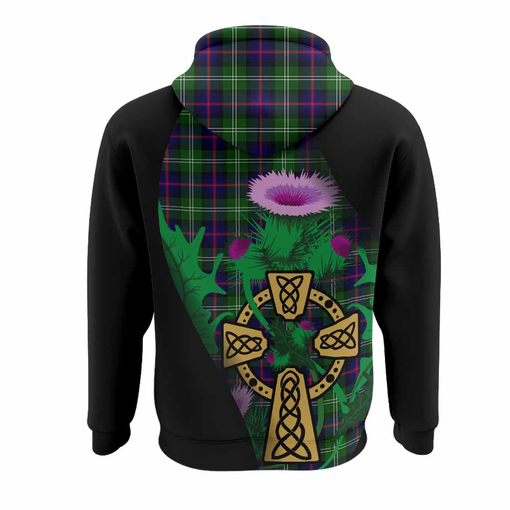Sutherland Tartan Crest Hoodie Celtic Cross Thistle Flowers
