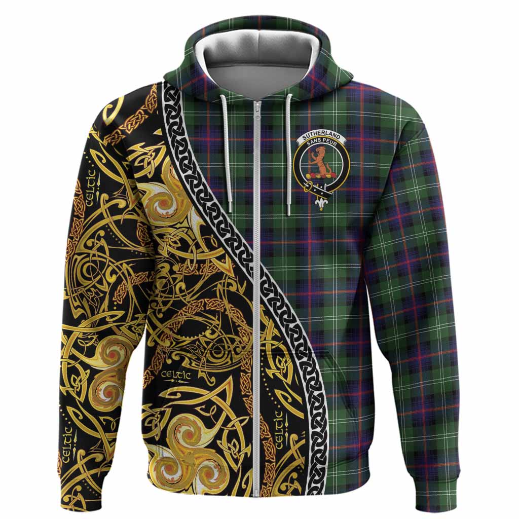 Sutherland Tartan Crest Hoodie Celtic Knot and Triple Trickle Spiral Symbols
