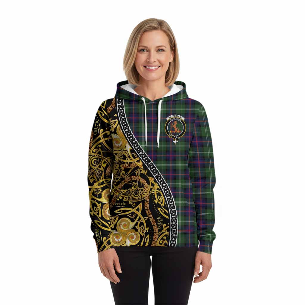 Sutherland Tartan Crest Hoodie Celtic Knot and Triple Trickle Spiral Symbols