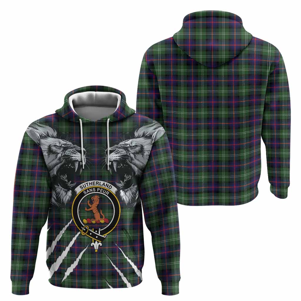 Sutherland Tartan Crest Hoodie Ferocious Lion Style