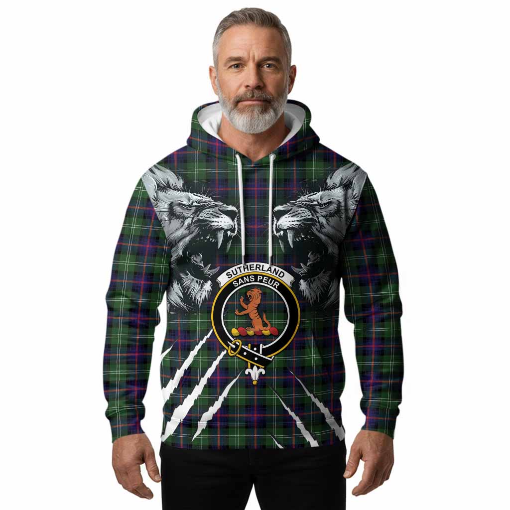 Sutherland Tartan Crest Hoodie Ferocious Lion Style