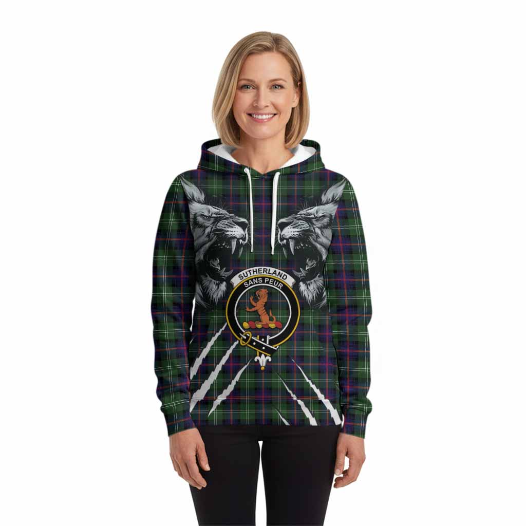 Sutherland Tartan Crest Hoodie Ferocious Lion Style