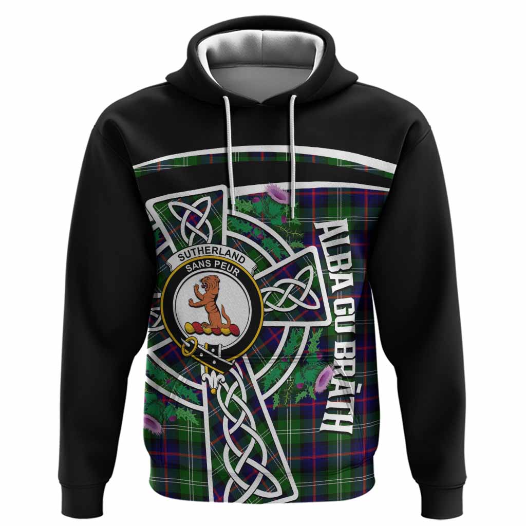 Sutherland Tartan Crest Hoodie Scottish Thistle Celtic Cross Alba Gu Brath