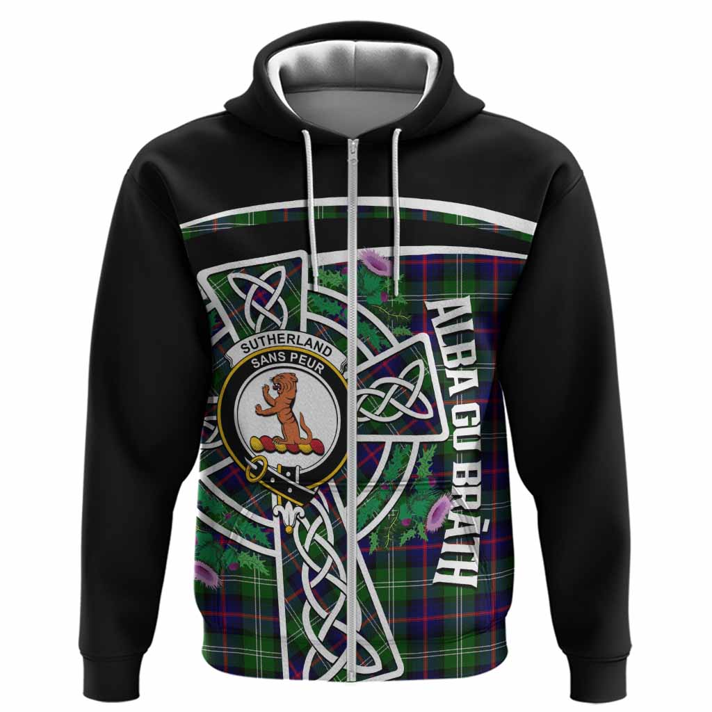 Sutherland Tartan Crest Hoodie Scottish Thistle Celtic Cross Alba Gu Brath