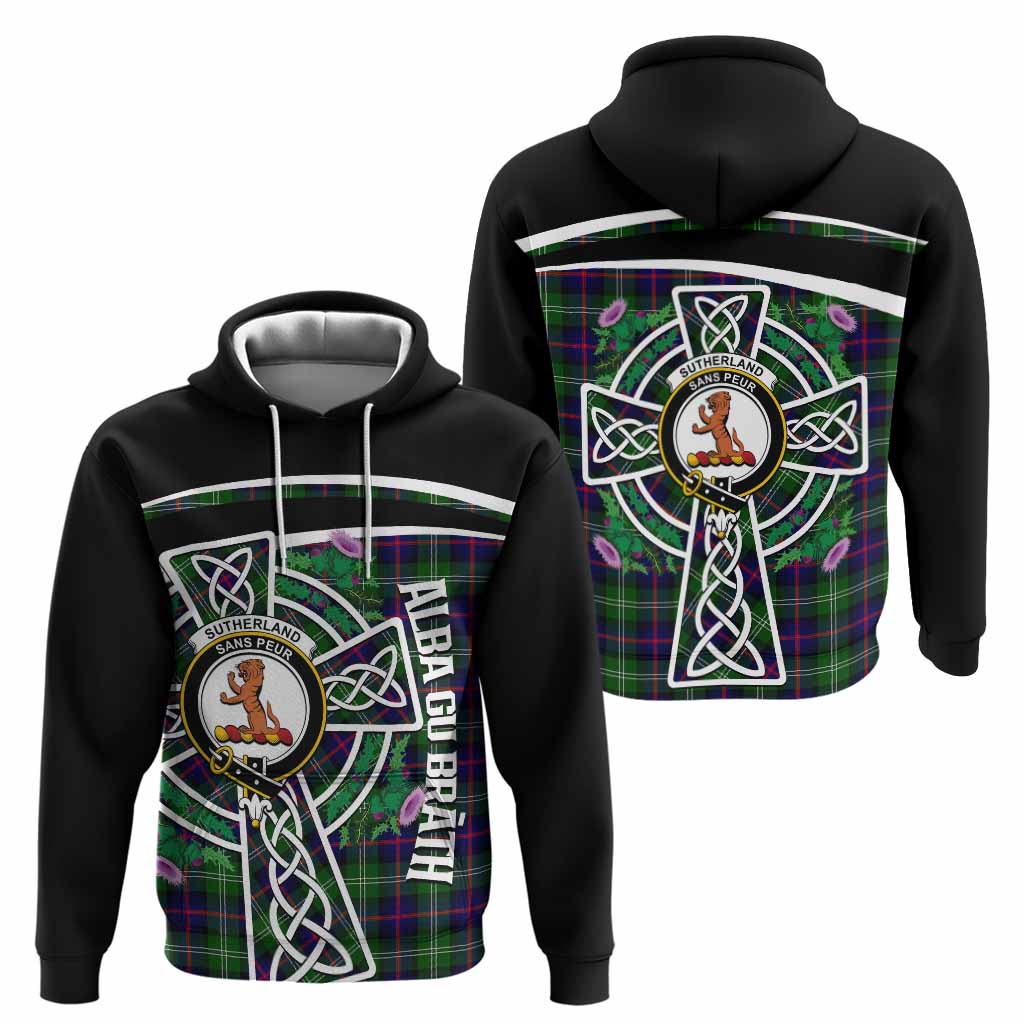 Sutherland Tartan Crest Hoodie Scottish Thistle Celtic Cross Alba Gu Brath