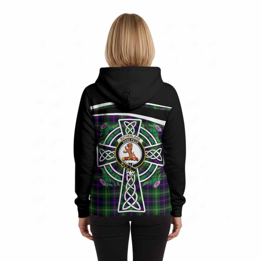 Sutherland Tartan Crest Hoodie Scottish Thistle Celtic Cross Alba Gu Brath