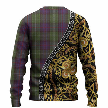 Sutherland Tartan Crest Knitted Sweater Celtic Knot and Triple Trickle Spiral Symbols