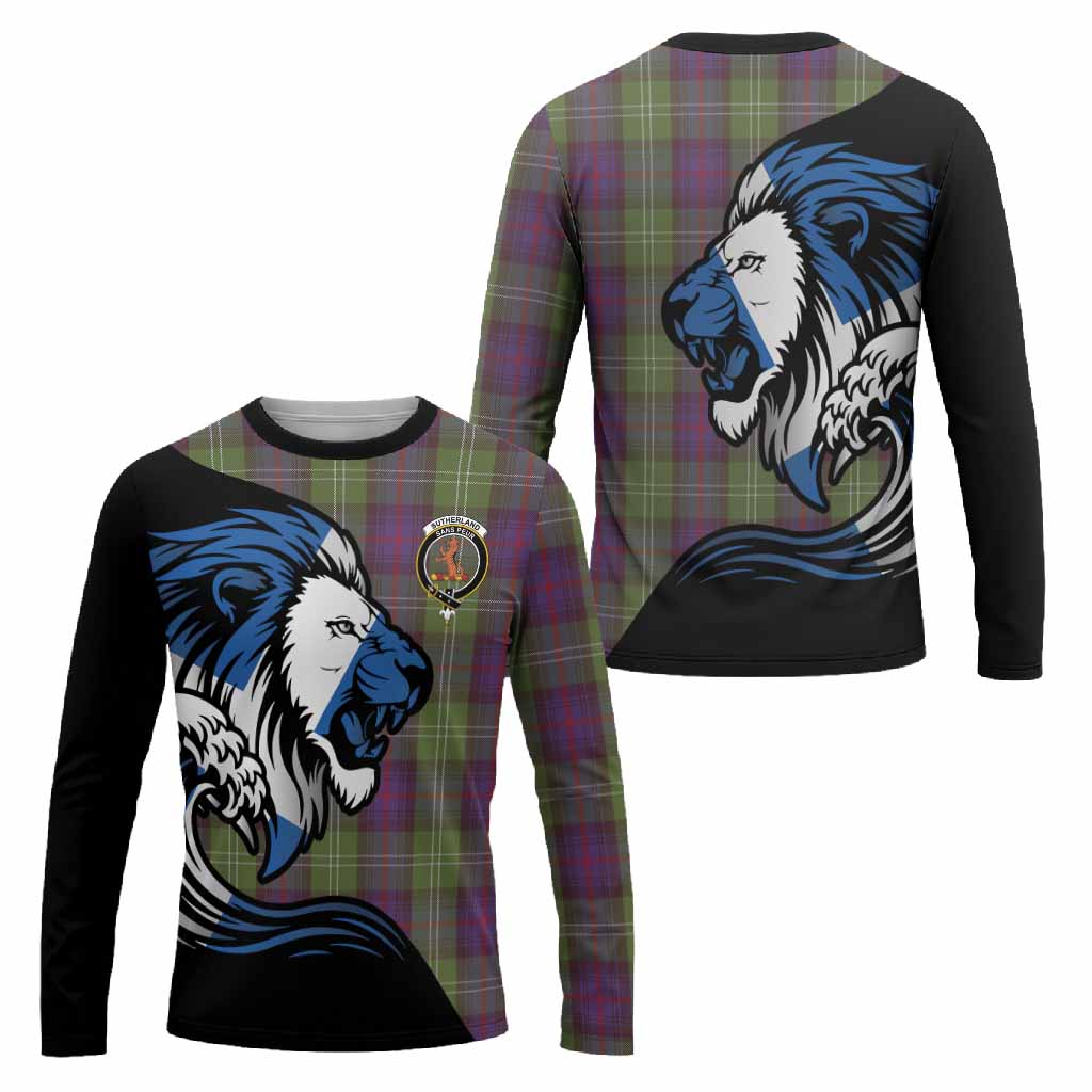 Sutherland Tartan Crest Long Sleeve T-Shirt Scottish Golden Lions Wave Flow