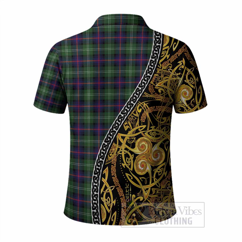 Sutherland Tartan Crest Polo Shirt Celtic Knot and Triple Trickle Spiral Symbols