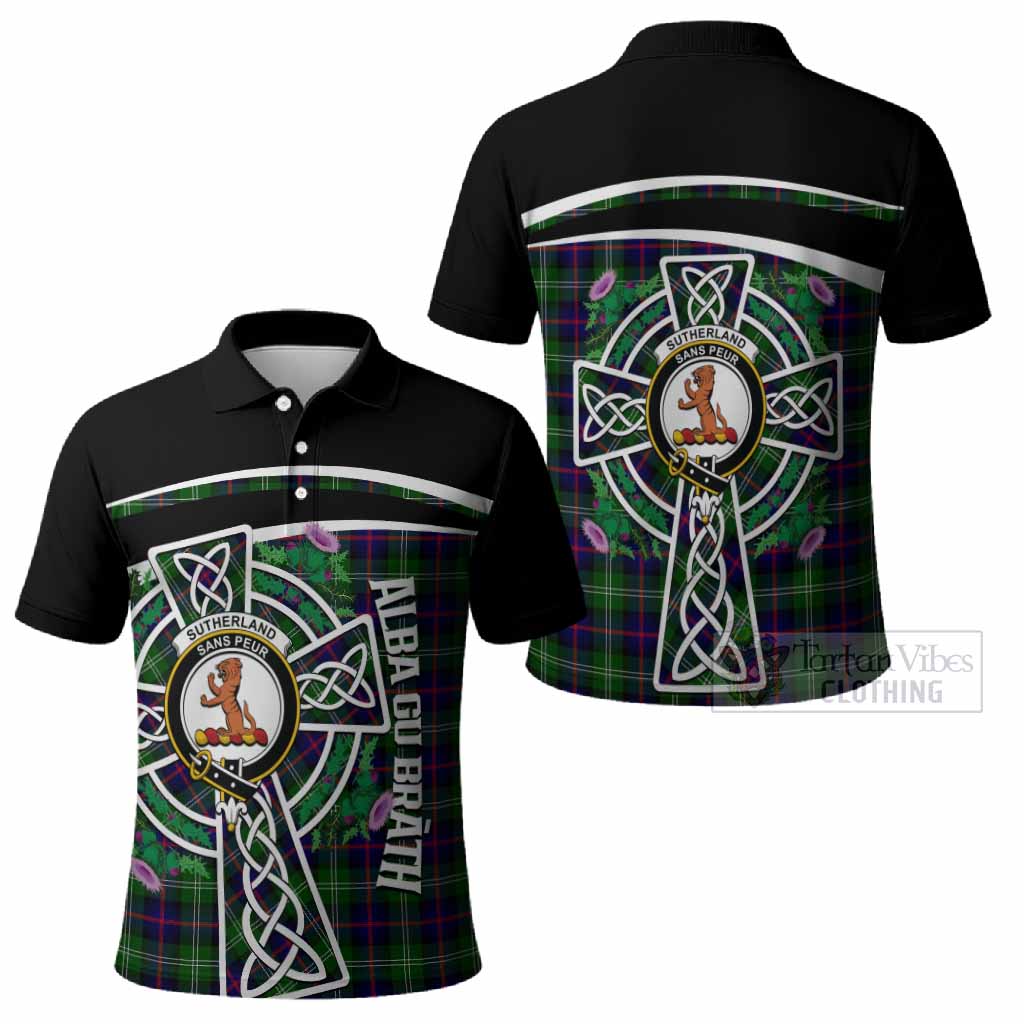 Sutherland Tartan Crest Polo Shirt Scottish Thistle Celtic Cross Alba Gu Brath