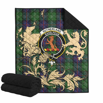 Sutherland Tartan Crest Premium Quilt with Scottish Iconic Symbols 