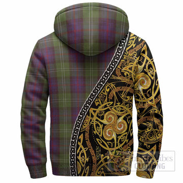 Sutherland Tartan Crest Sherpa Hoodie Celtic Knot and Triple Trickle Spiral Symbols