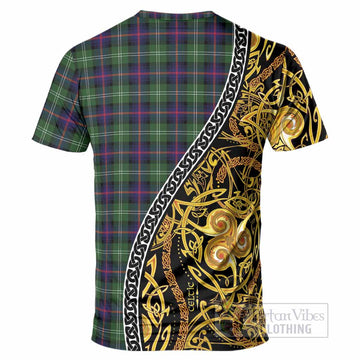 Sutherland Tartan Crest T-Shirt Celtic Knot and Triple Trickle Spiral Symbols