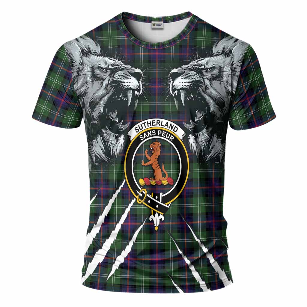 Sutherland Tartan Crest T-Shirt Ferocious Lion Style