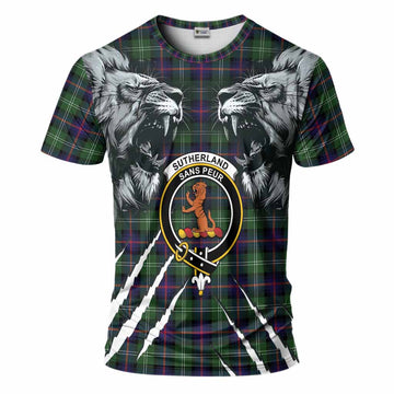 Sutherland Tartan Crest T-Shirt Ferocious Lion Style