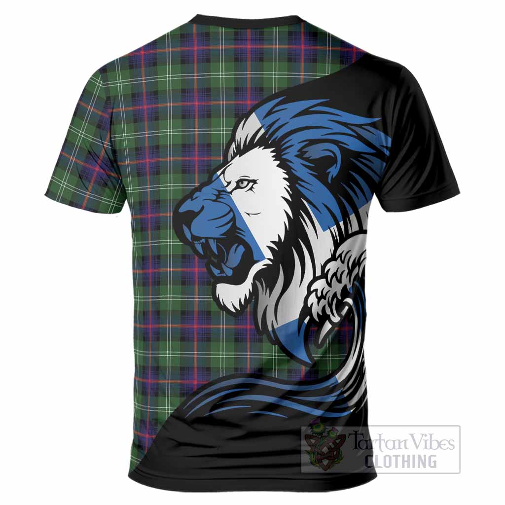 Sutherland Tartan Crest T-Shirt Scottish Golden Lions Wave Flow